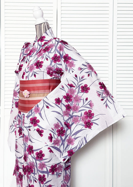 Yukata Kimono Plus Size - Burgundy Dianthus Blooms in White (Style #1026)
