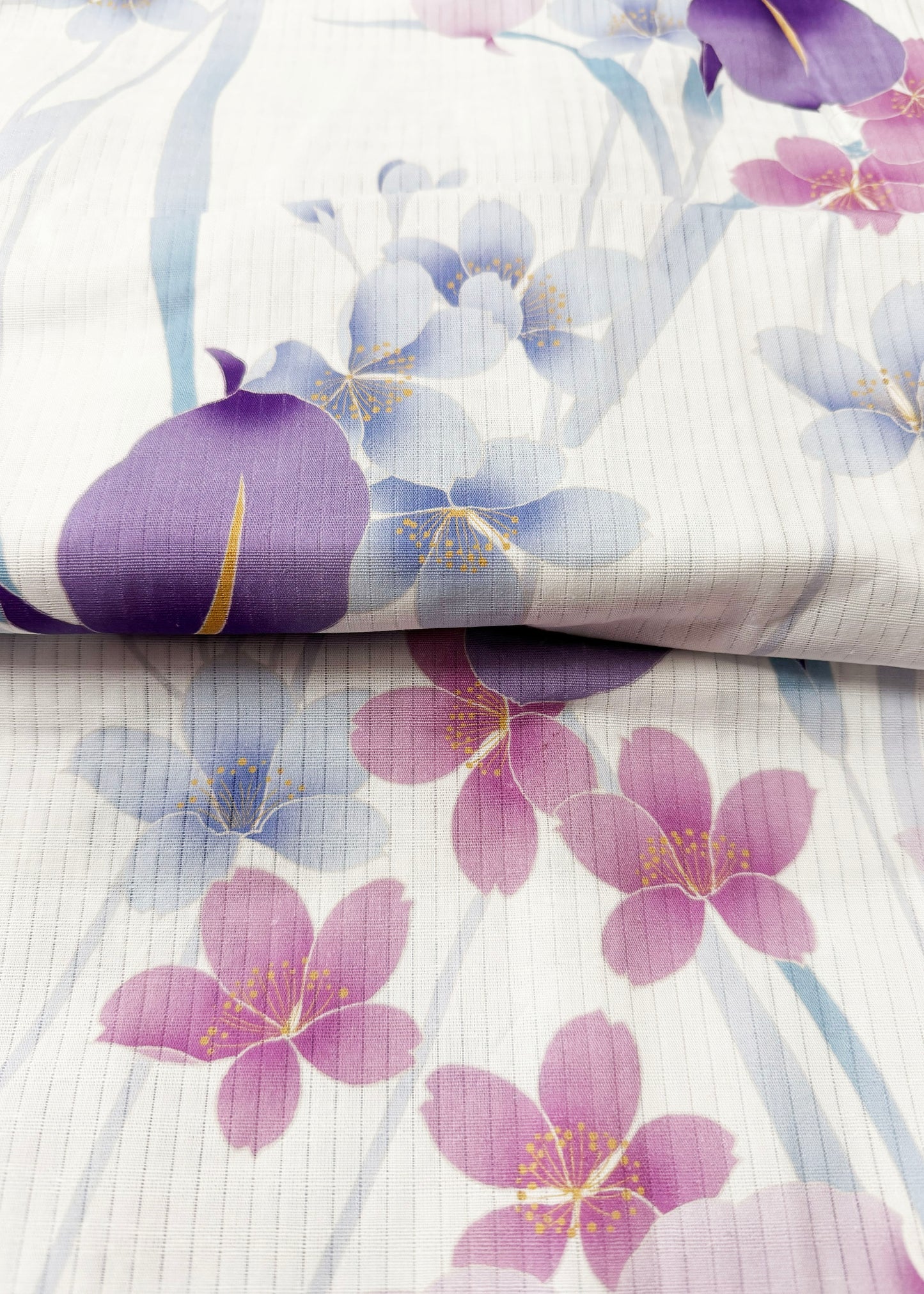 Japanese Traditional Yukata Kimono Plus - Purple Water Iris in White