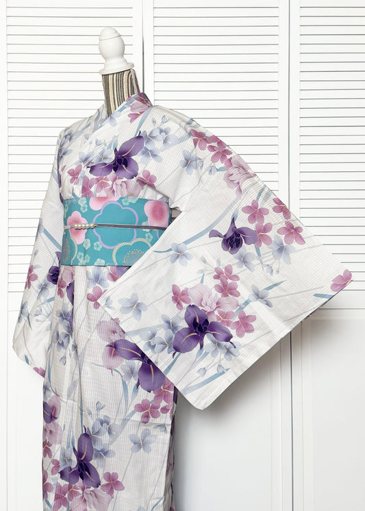 Japanese Traditional Yukata Kimono Plus - Purple Water Iris in White