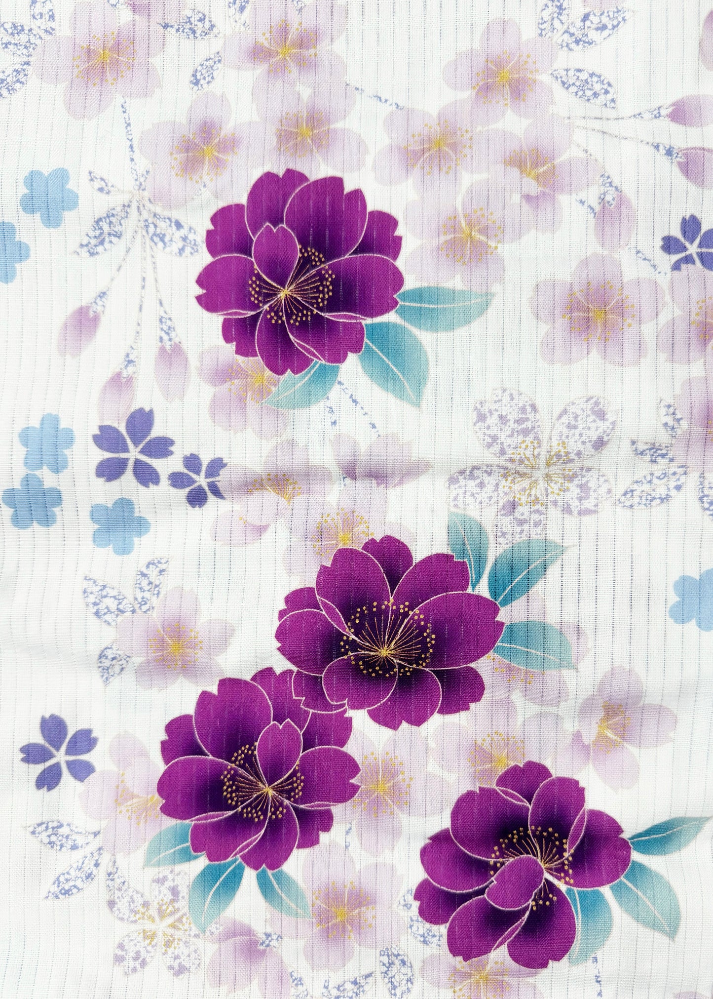 Yukata Kimono Plus Size - Magenta Peonies and Cherry Blossom in White (Style #1027)