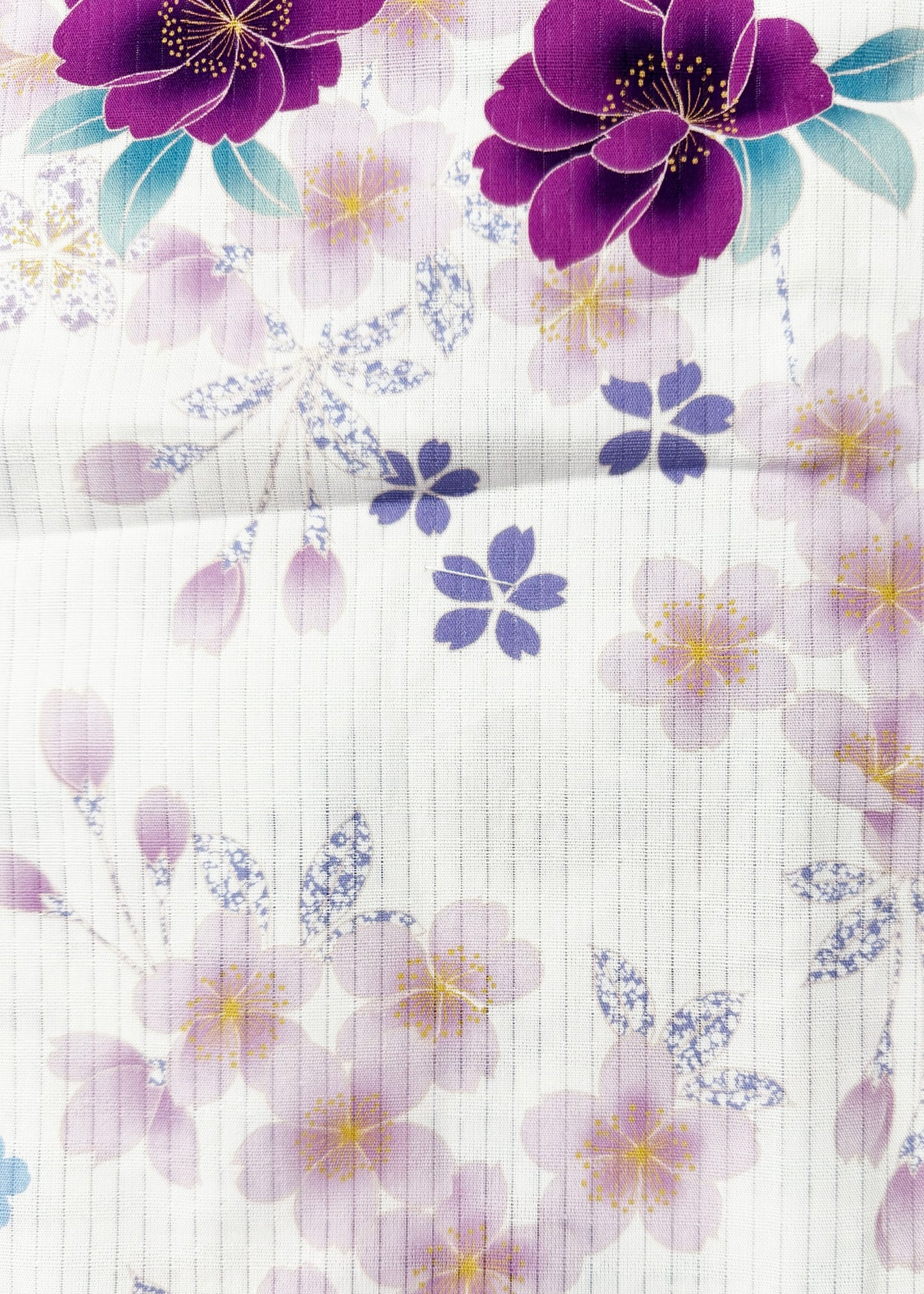 Yukata Kimono Plus Size - Magenta Peonies and Cherry Blossom in White (Style #1027)