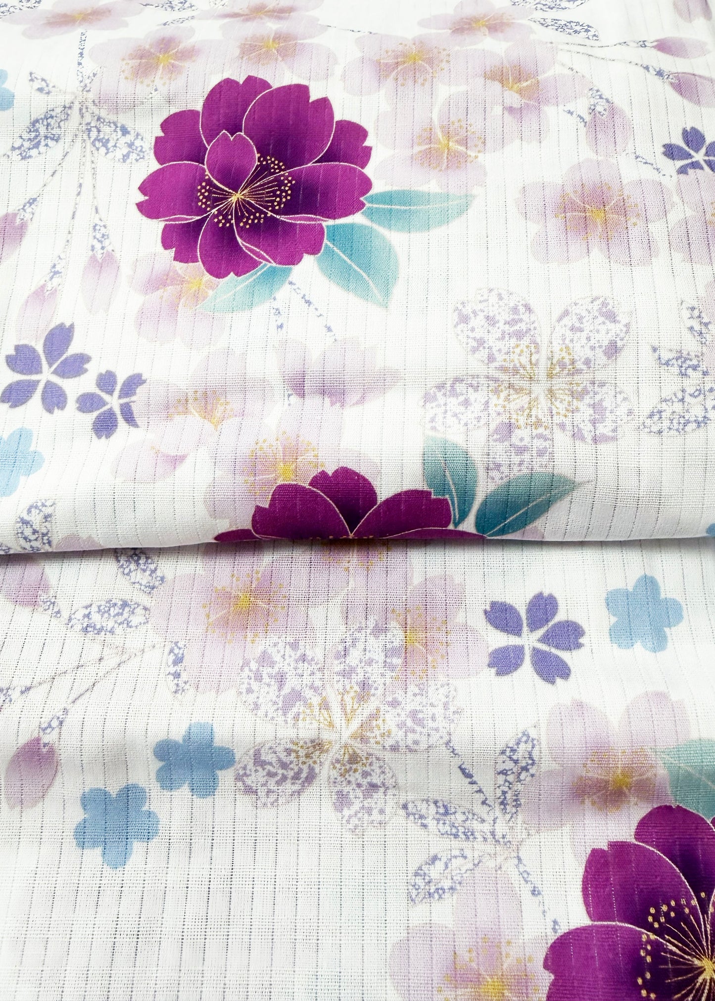 Yukata Kimono Plus Size - Magenta Peonies and Cherry Blossom in White (Style #1027)