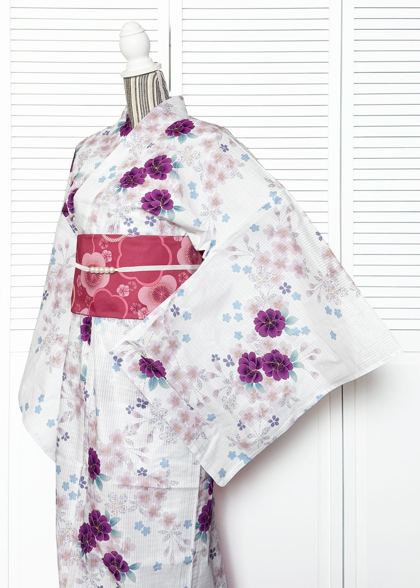 Yukata Kimono Plus Size - Magenta Peonies and Cherry Blossom in White (Style #1027)