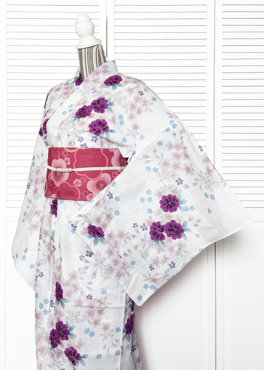 Yukata Kimono Plus Size - Magenta Peonies and Cherry Blossom in White (Style #1027)