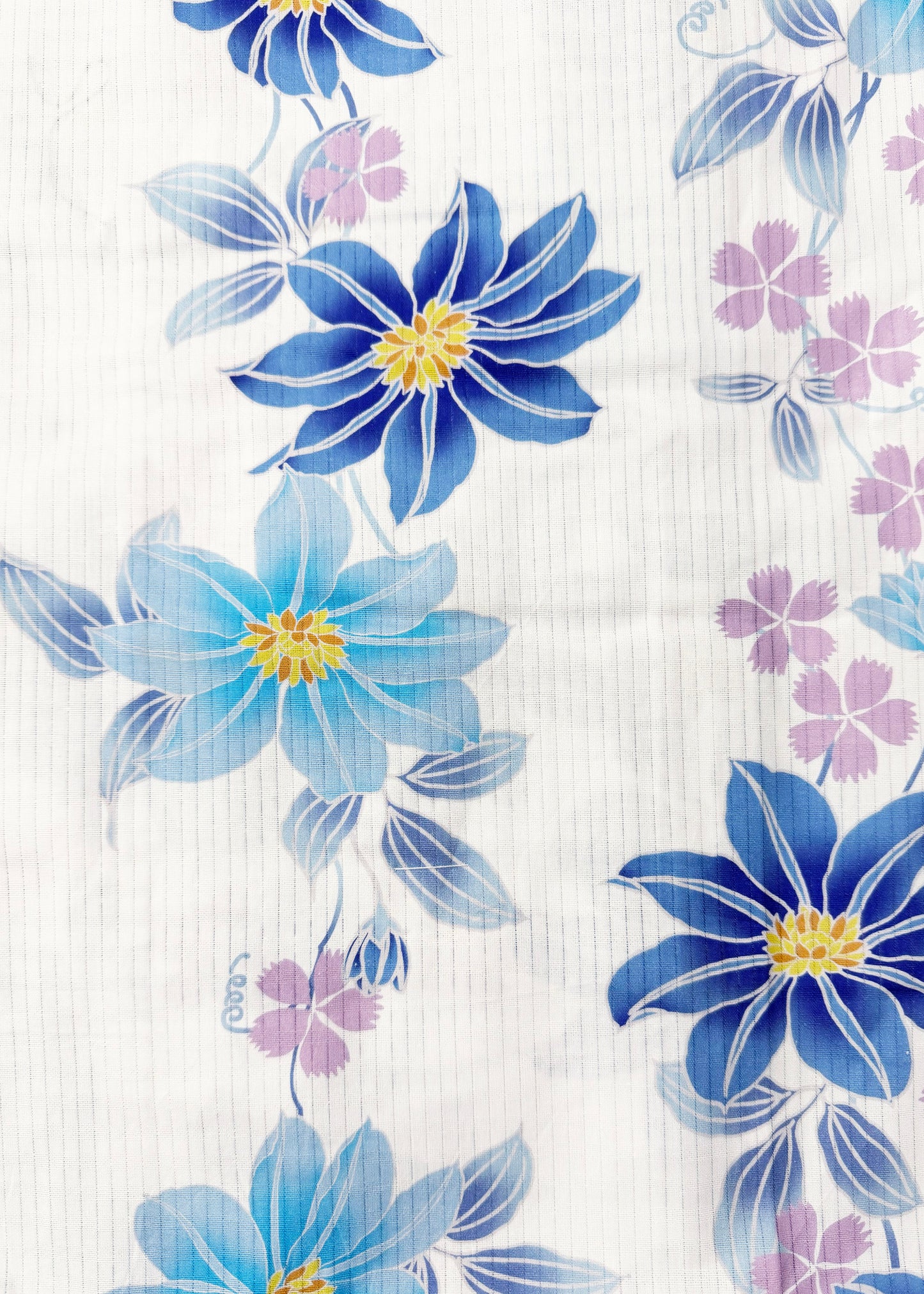 Yukata Kimono Plus Size - Blue Clematis Flowers in White (Style #1017)