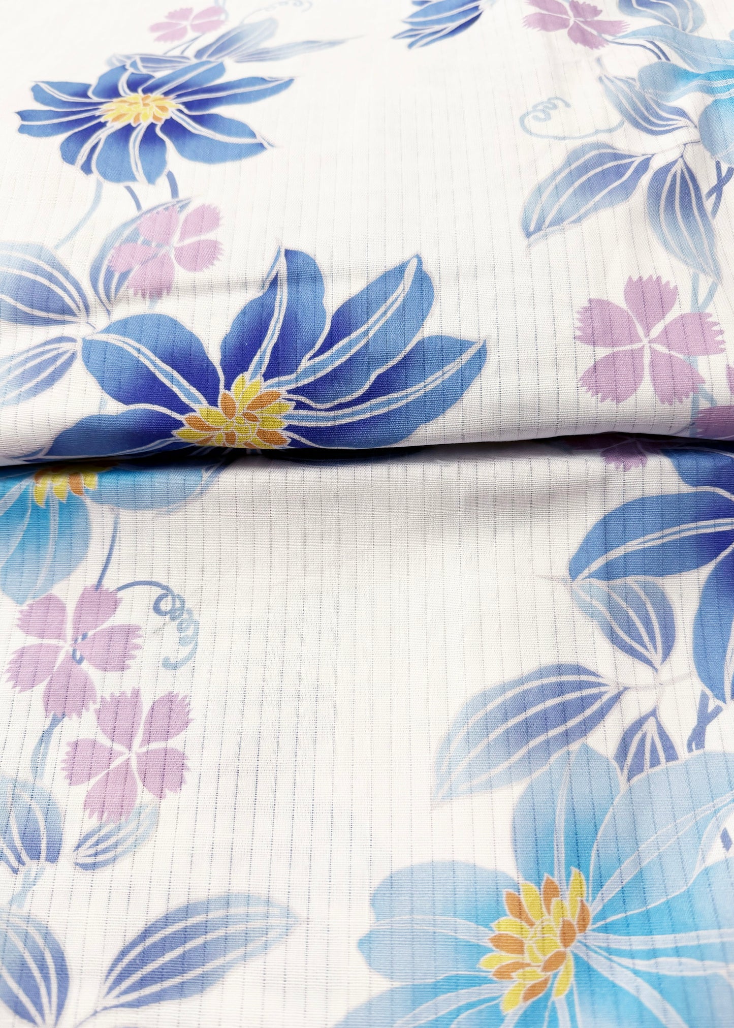 Yukata Kimono Plus Size - Blue Clematis Flowers in White (Style #1017)