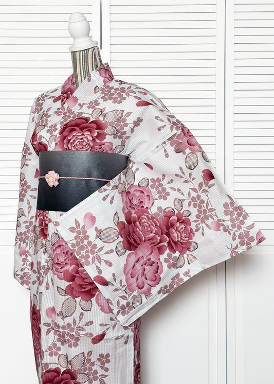 Japanese Traditional Yukata Kimono Women's Plus - Red Peony in White