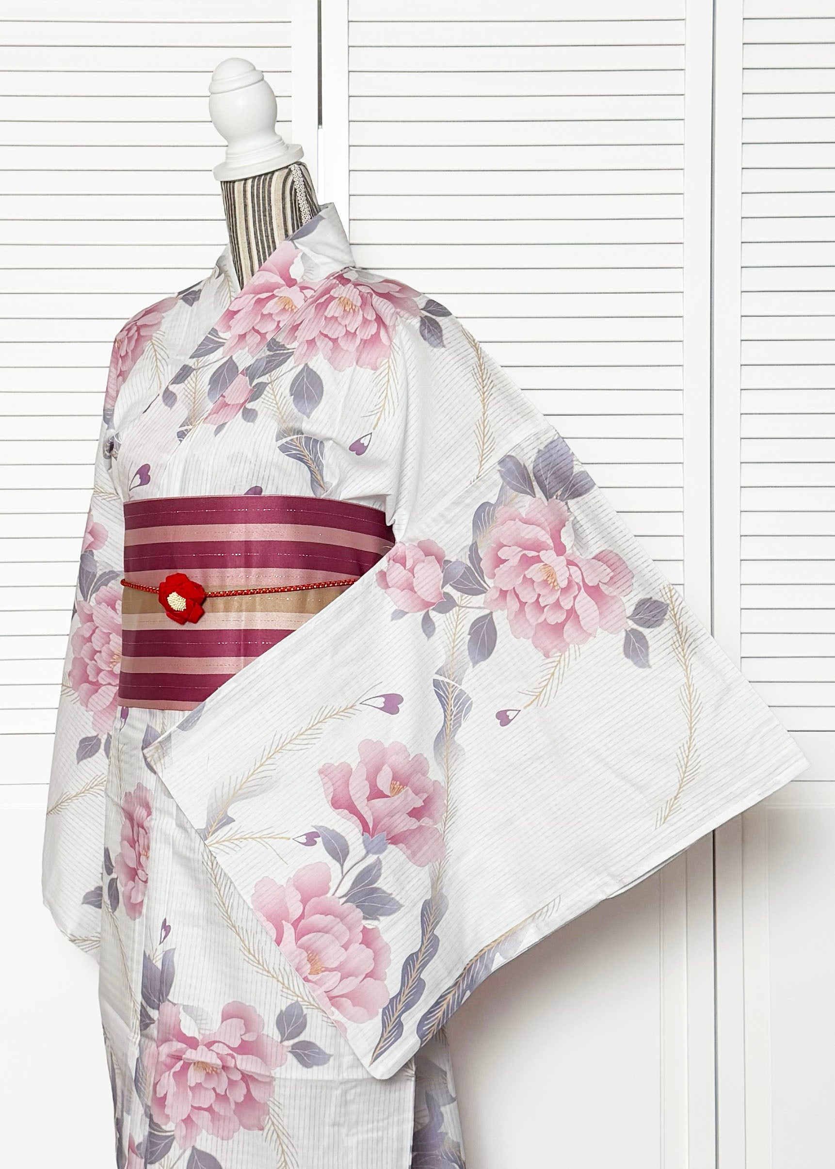 Japanese Traditional Women's Summer Yukata Kimono Plus Size Pink Peony