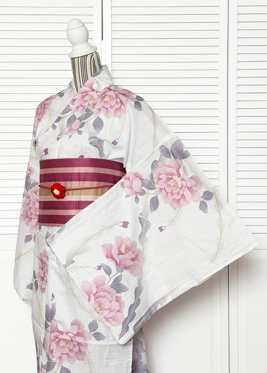 Japanese Traditional Women's Summer Yukata Kimono Plus Size Pink Peony