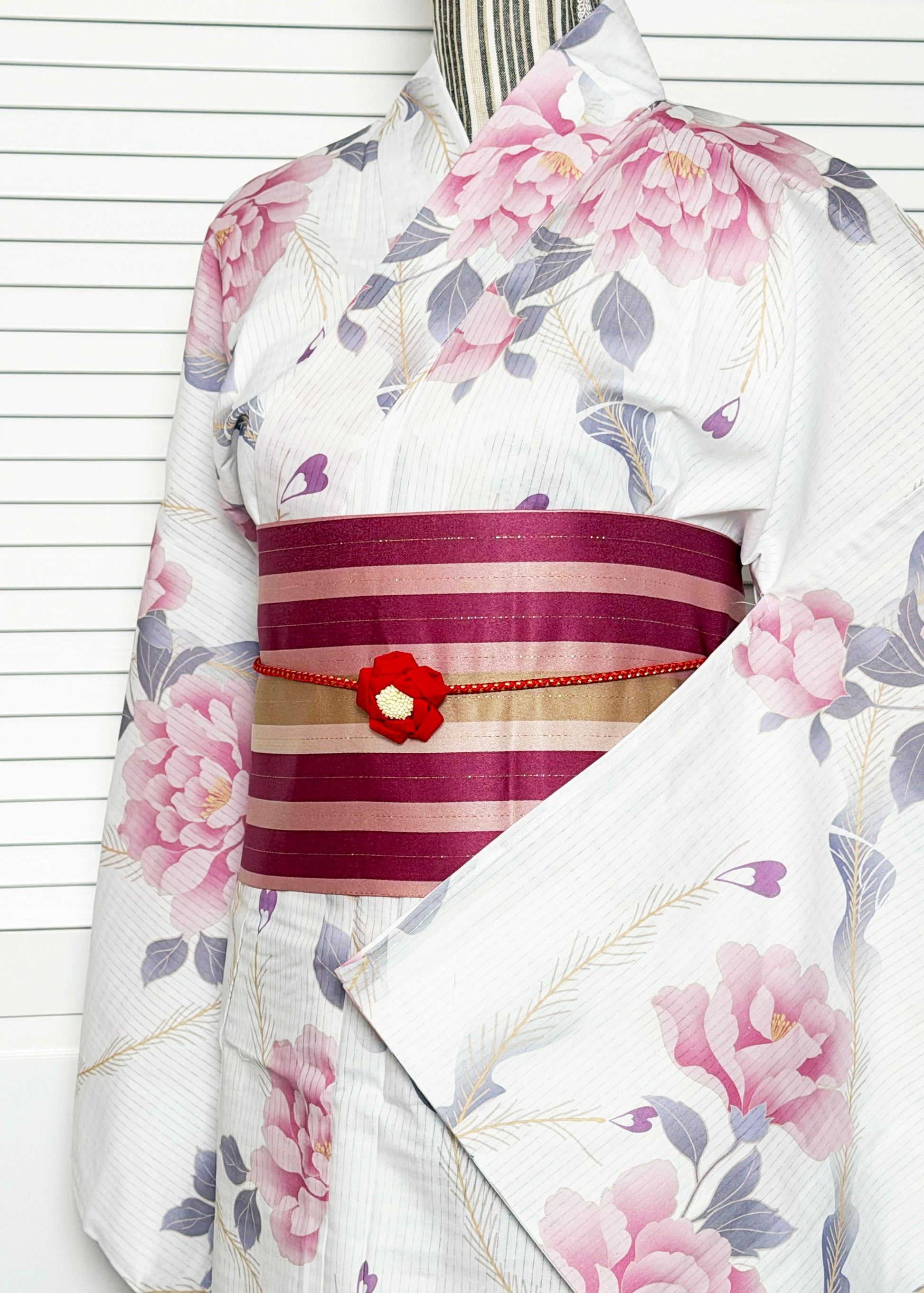 Japanese Traditional Women's Summer Yukata Kimono Plus Size Pink Peony