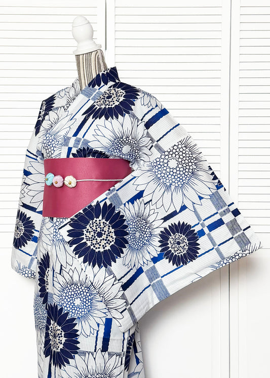 Japanese Traditional Yukata Kimono Plus - Blue Sunflowers in White