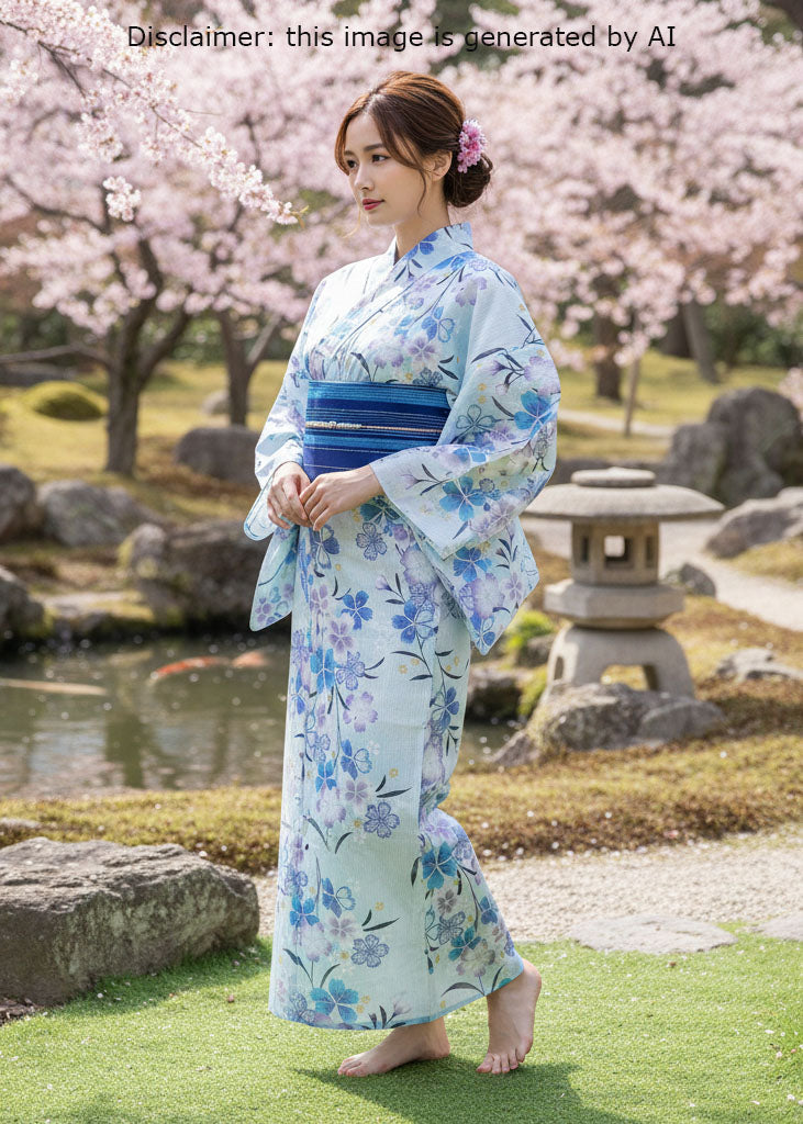 Yukata Kimono - Blue and Purple Cherry Blossoms in Blue (Style #2675)