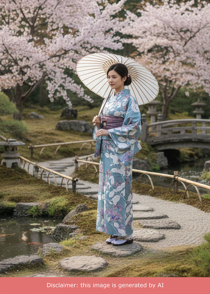 Yukata Kimono - Small Flowers in Jade Blue (Style #2659)