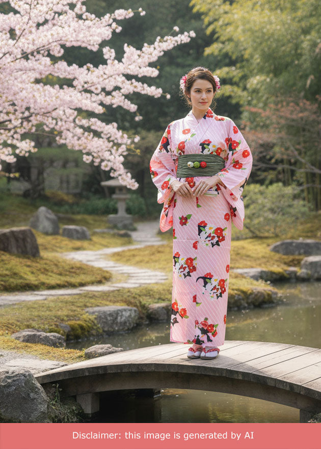 Yukata Kimono Plus Size - Cats and Flowers in Striped Pink (Style #1006)