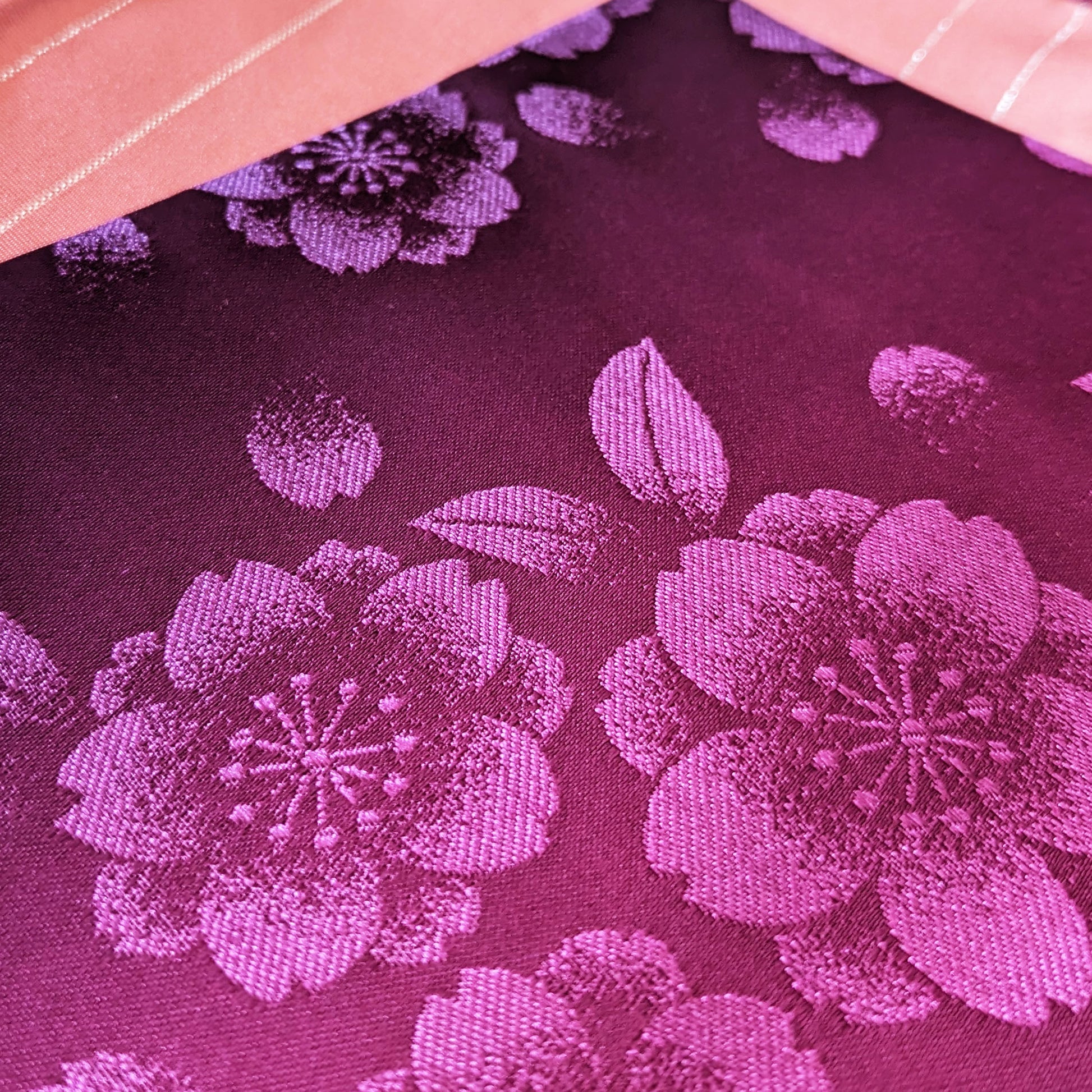 Japanese Traditional Flat Obi Belt - Cherry Blossom Dark Purple/Salmon Pink