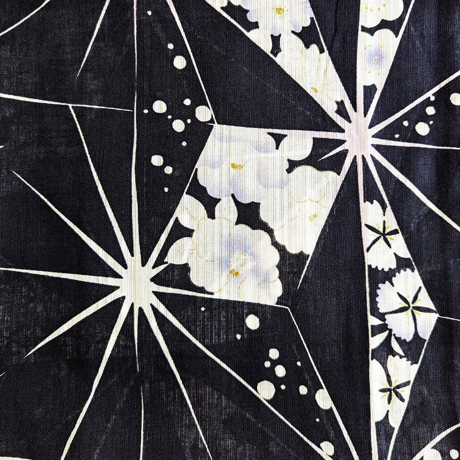 Traditional Japanese Yukata Kimono - Starbursts and Flowers in Black