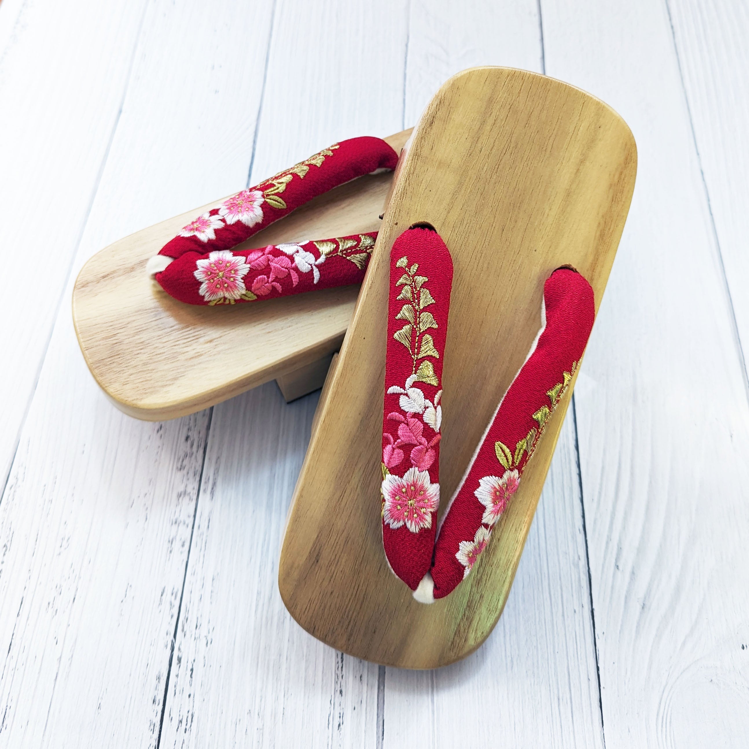 Japanese Wooden Geta Sandals for Women - Cherry Blossom Embroidery Red ...