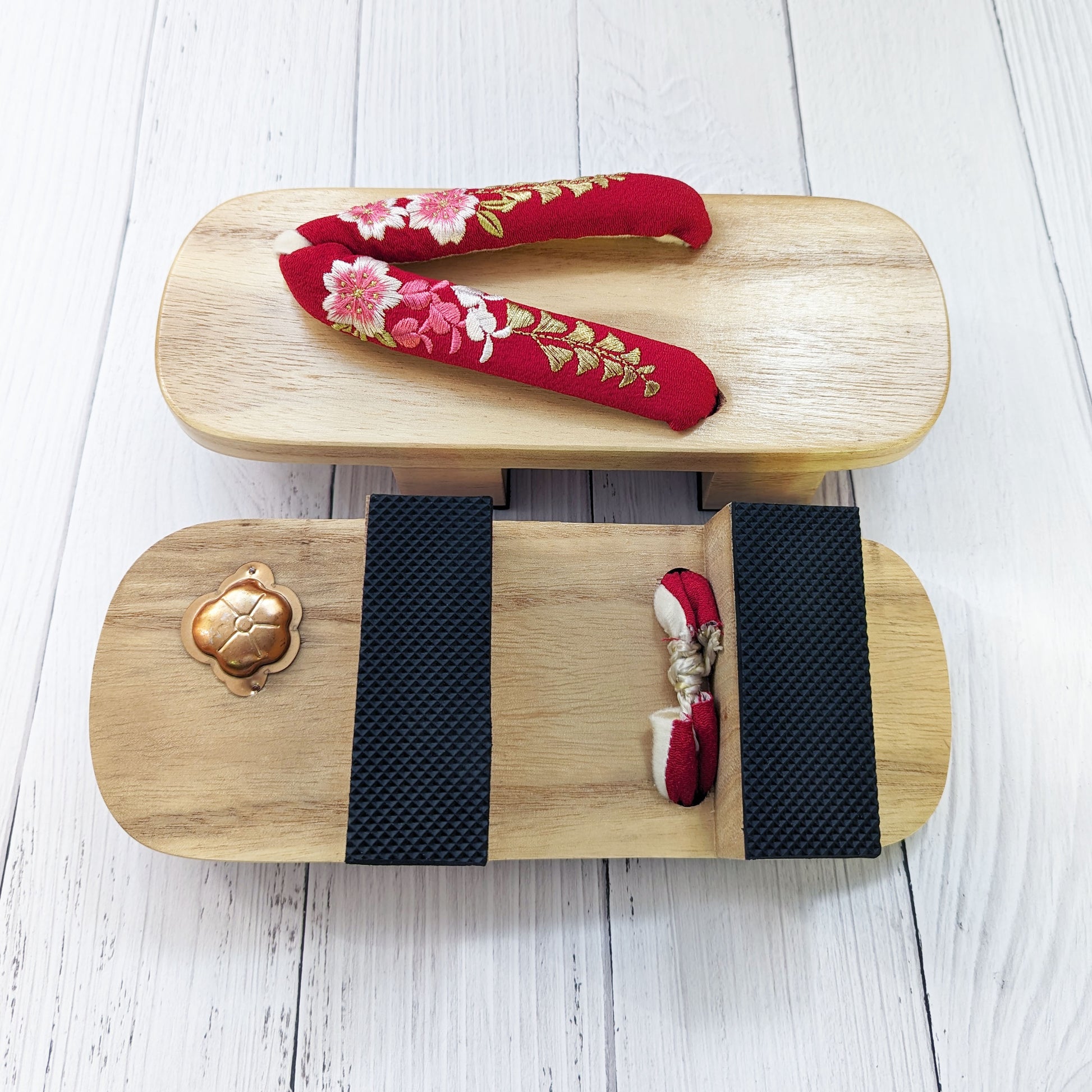 Japanese Wooden Geta Sandals for Women - Cherry Blossom Embroidery Red ...