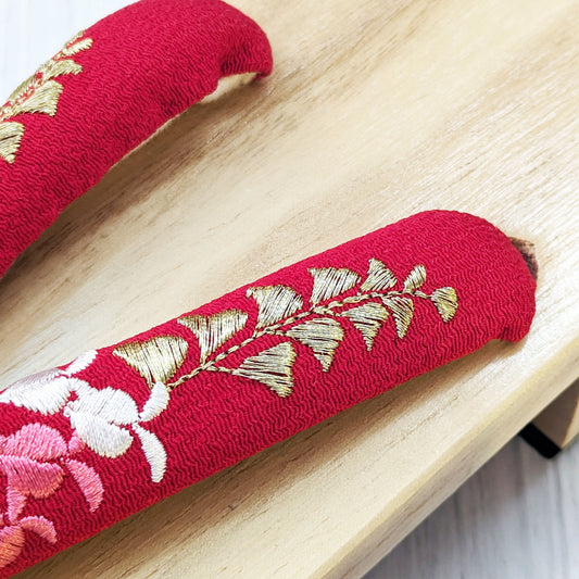 Japanese Geta Sandals - Cherry Blossom Embroidery Red