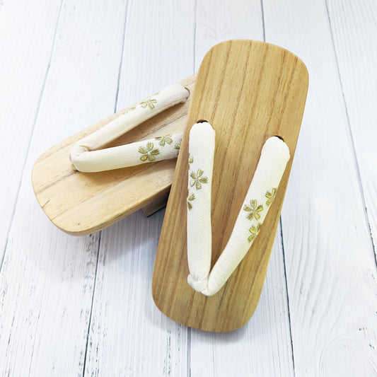 Japanese Wooden Geta Sandals - Cherry Blossom Embroidery Beige