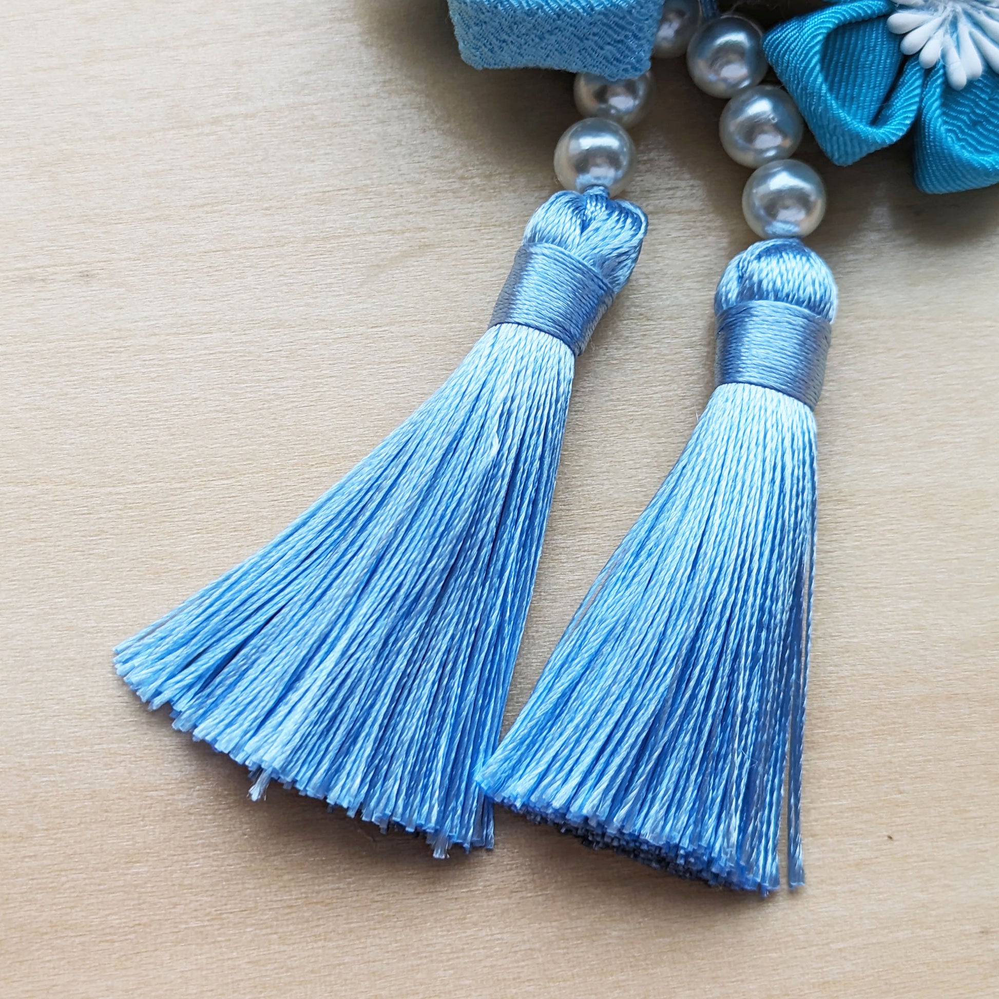 Japanese Tsumami Kanzashi - Layered Plum Blossom Trio Hair Clip - Blue