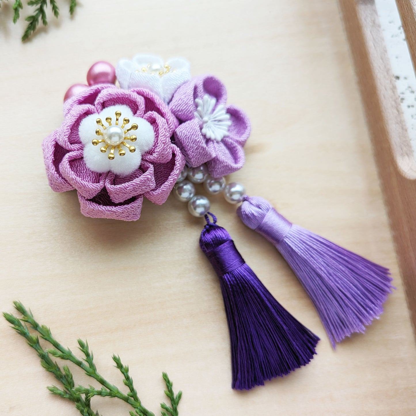 Japanese Tsumami Kanzashi Layered Plum Blossom Trio Hair Clip - Purple