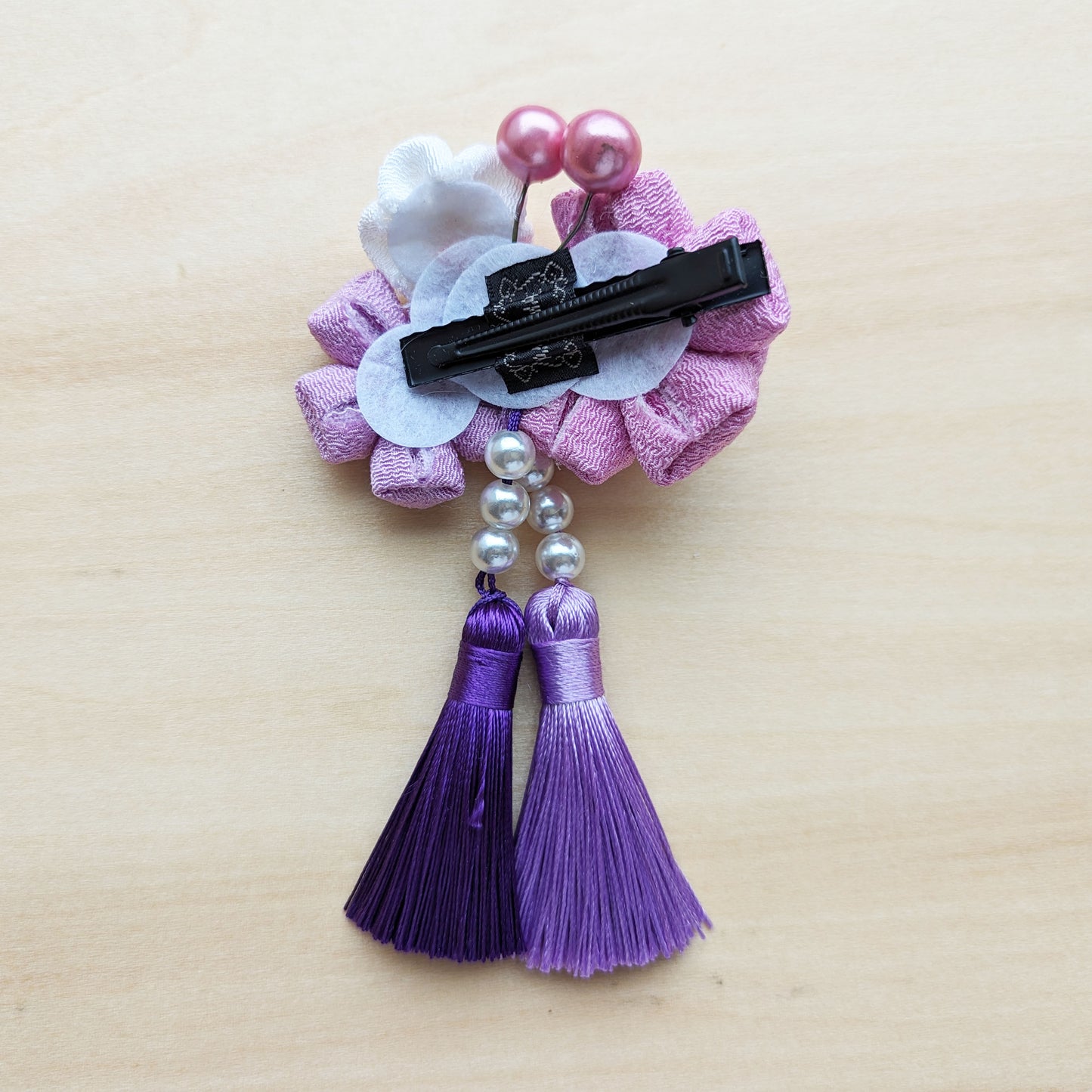 Japanese Tsumami Kanzashi Layered Plum Blossom Trio Hair Clip - Purple