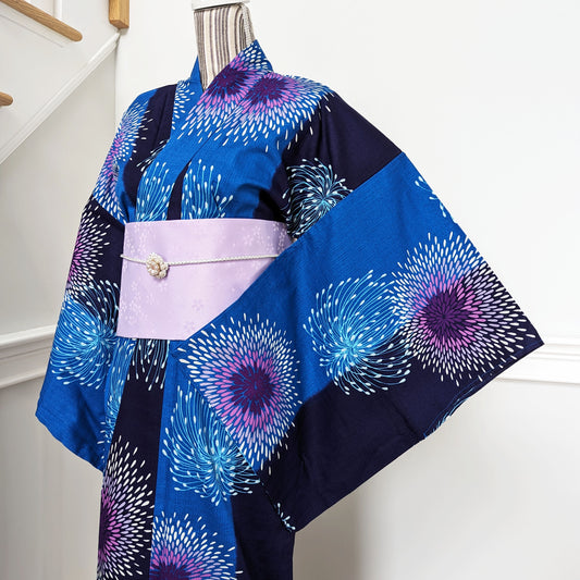 Japanese Yukata Kimono - Fireworks in Indigo and Blue