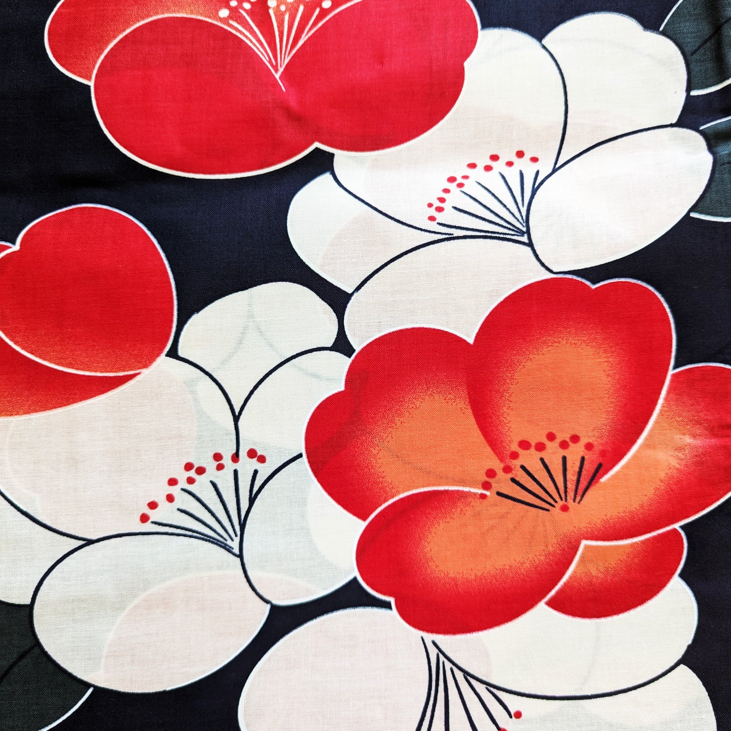 Japanese Yukata Kimono - White and Red Camellias in Black