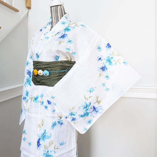Japanese Yukata Kimono - Blue Watercolor Flowers in White