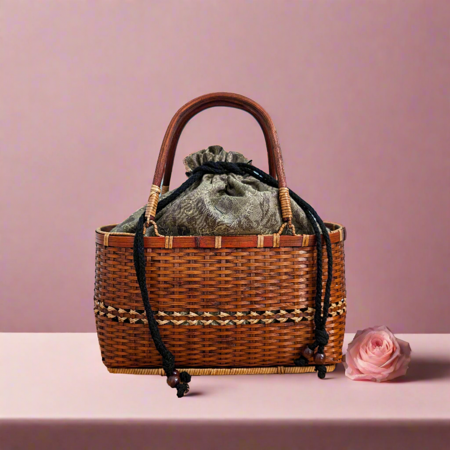 Wicker Basket with Patterned Grey Drawstring Bag