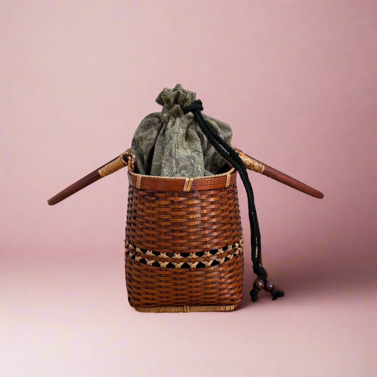 Wicker Basket with Patterned Grey Drawstring Bag