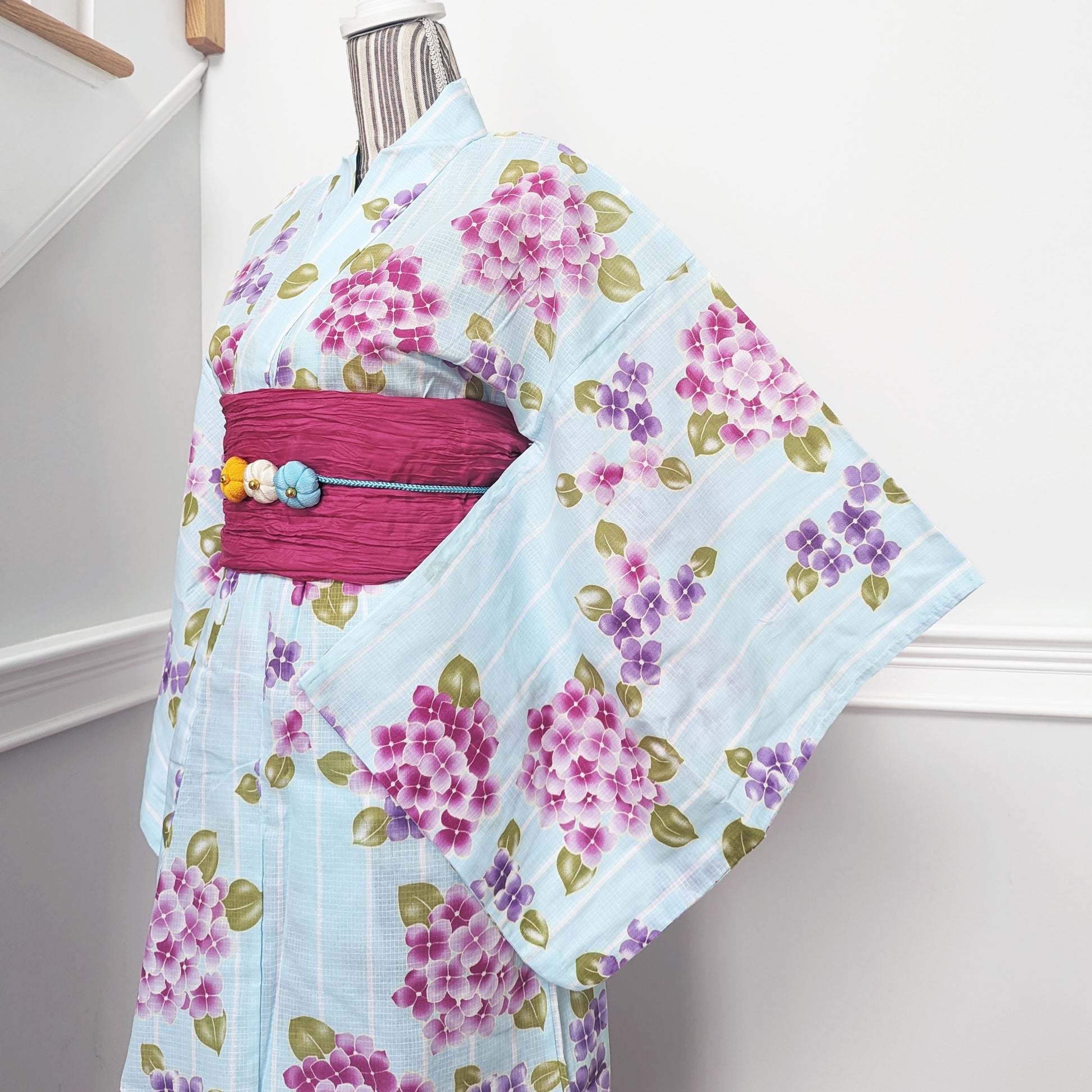 Japanese Traditional Yukata Kimono - Purple Hydrangeas in Striped Blue