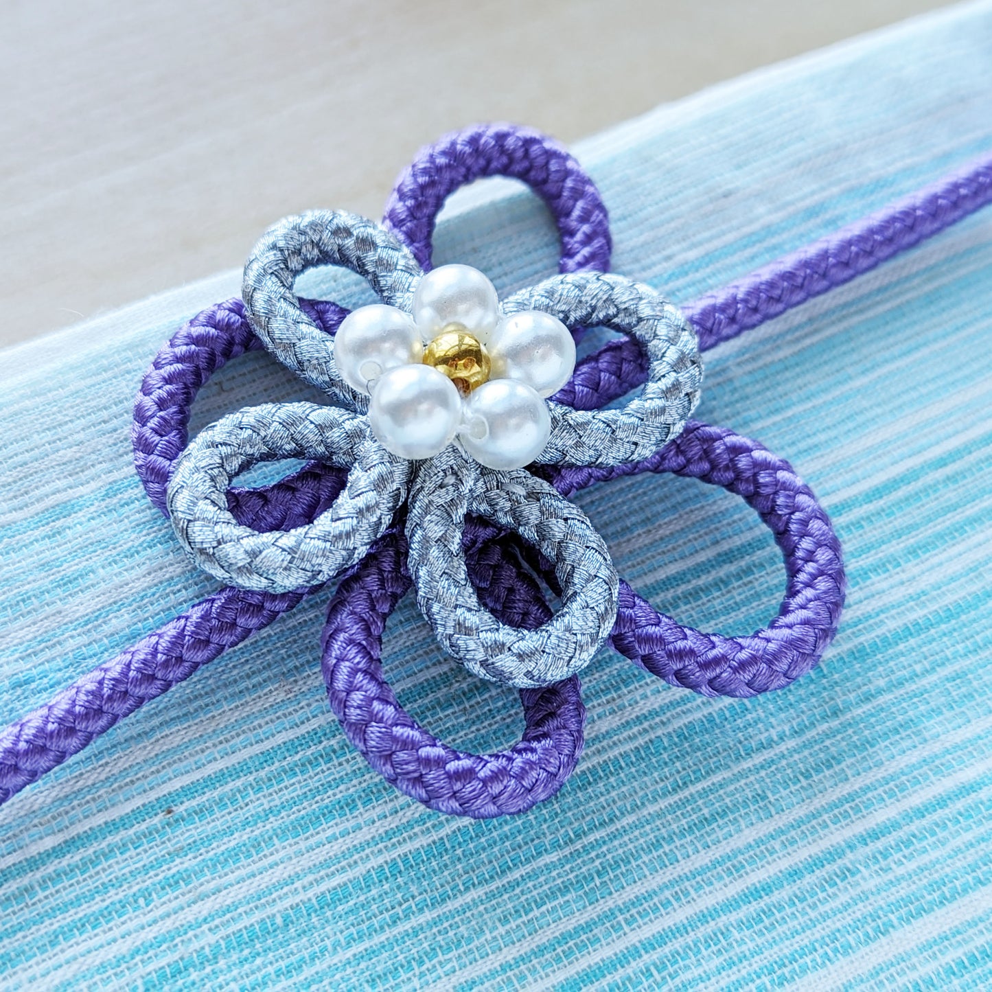 Japanese Kazari Himo - Silver/Purple Flower Knot