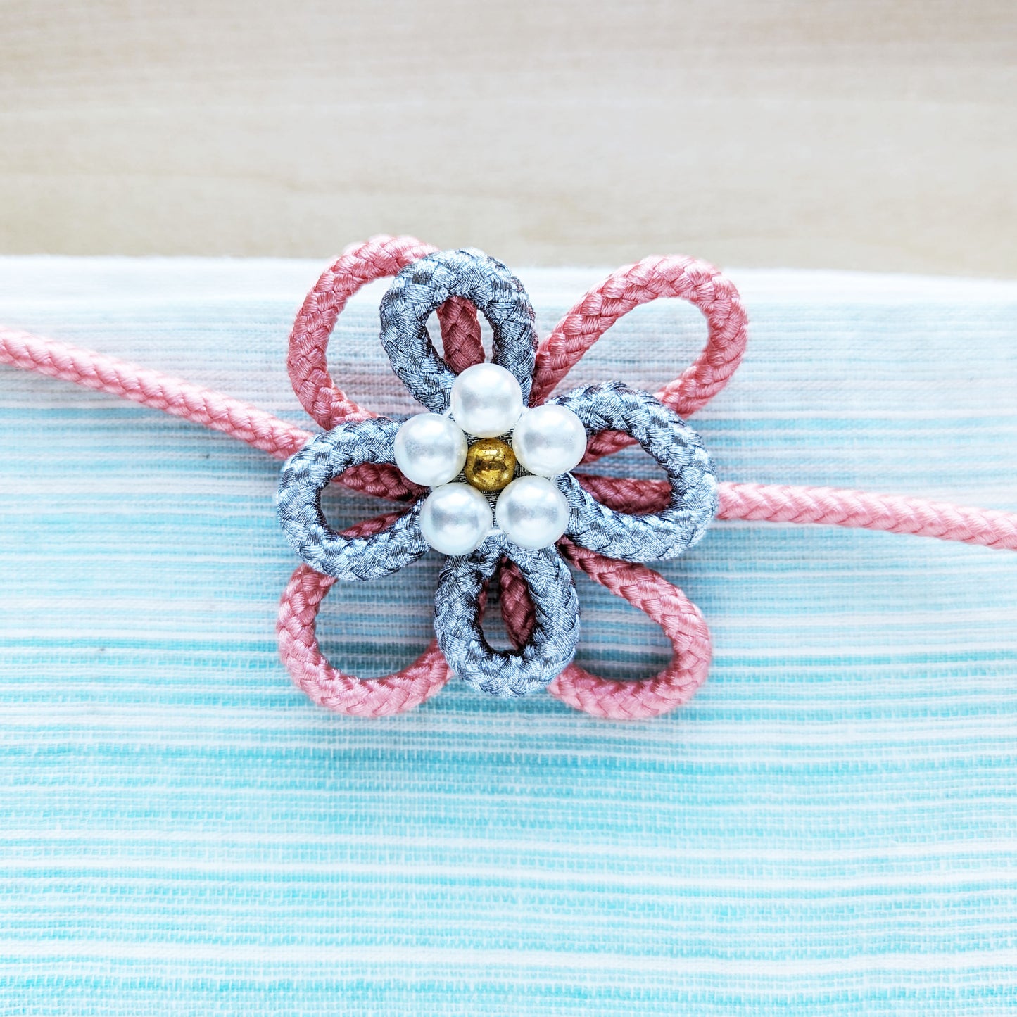 Japanese Kazari Himo - Silver/Pink Flower Knot