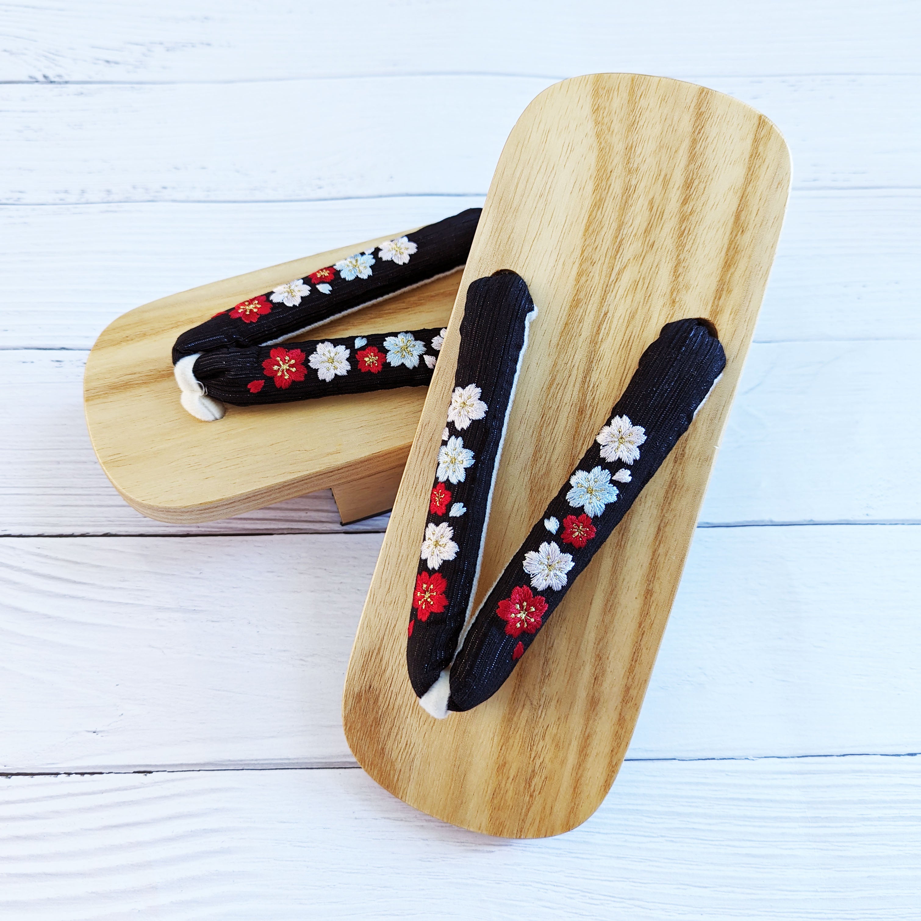 Japanese Geta Sandals - Cherry Blossom Embroidery Black for Yukata ...