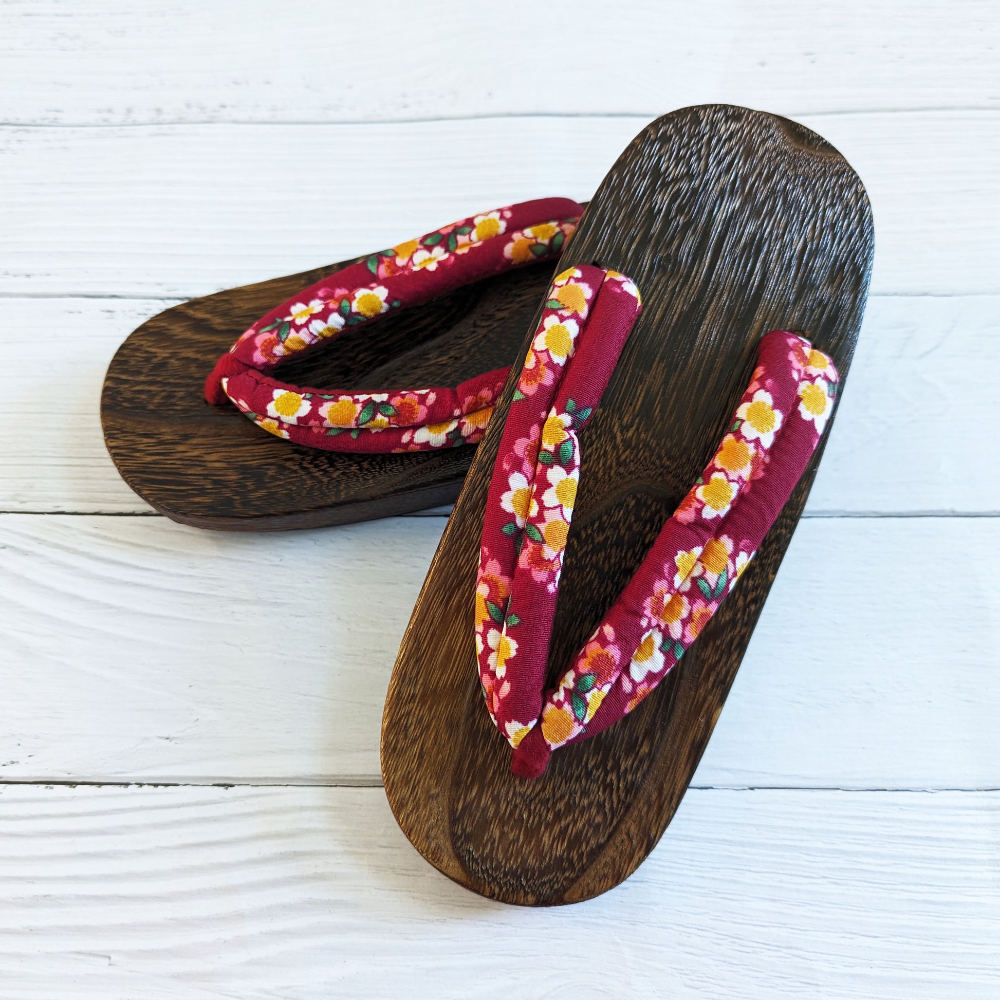 Japanese Geta Sandals - Yellow and Pink Cherry Blossoms Red