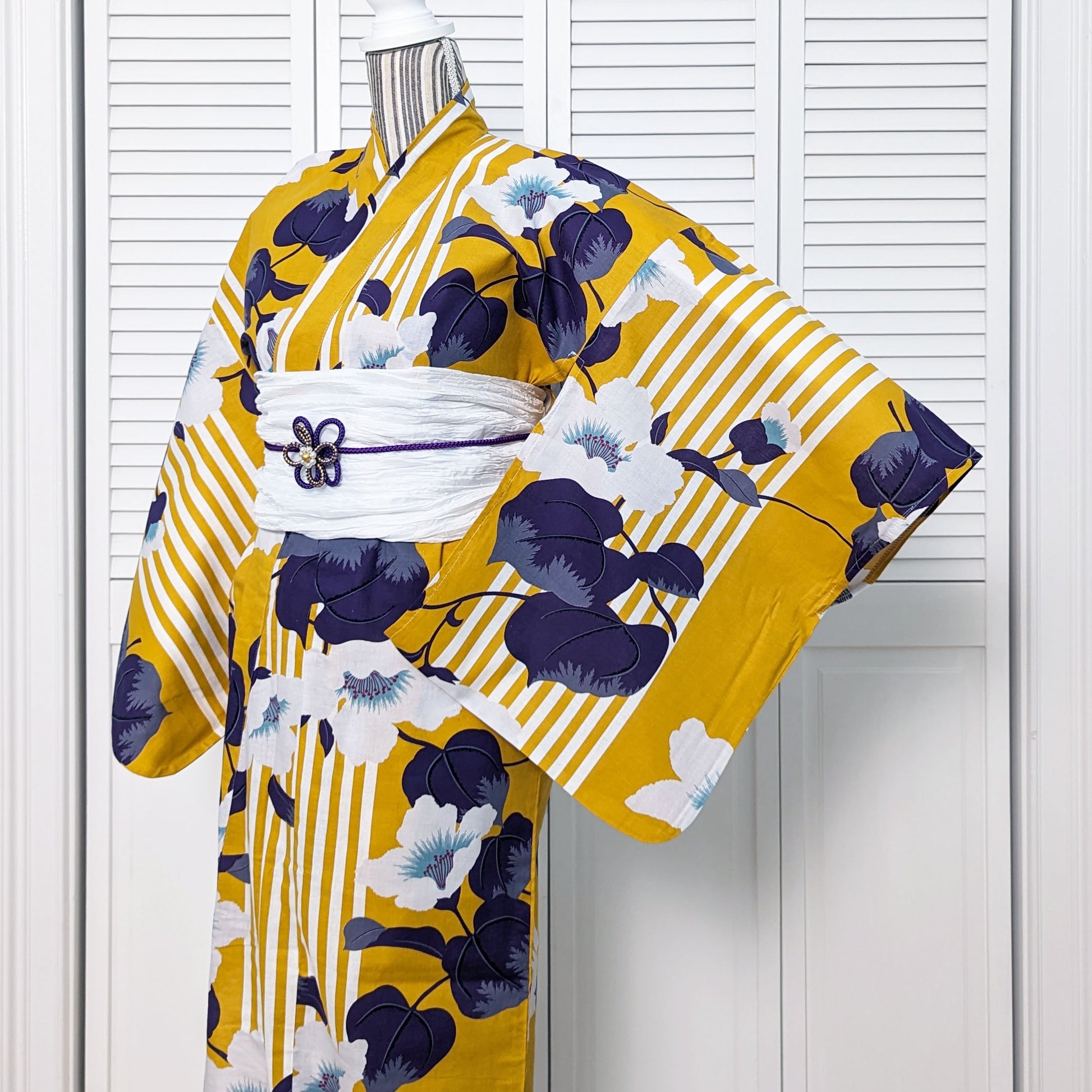 Japanese Traditional Yukata Kimono - White Camellias in Mustard Yellow