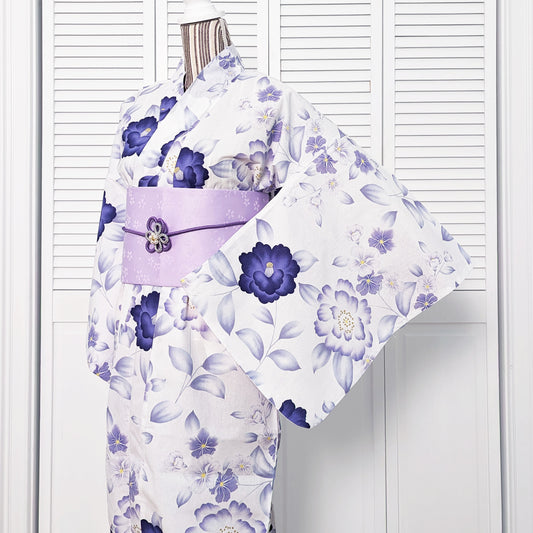 Japanese Yukata Kimono - Purple Flowers in White