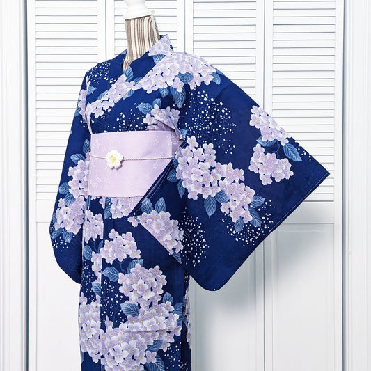 Japanese Yukata Kimono - Purple Hydrangeas in Navy Blue