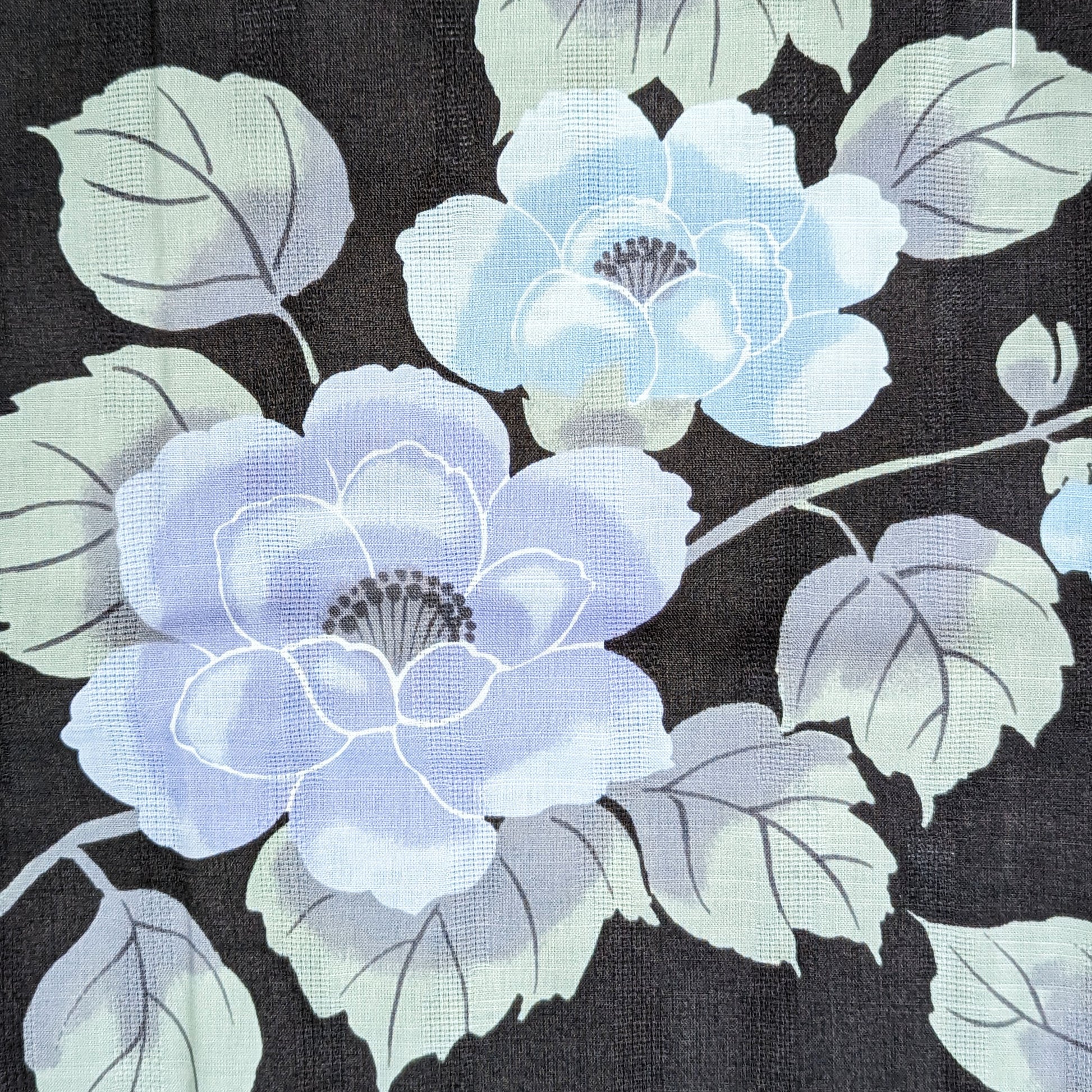 Japanese Yukata Kimono - Purple and Blue Camellias in Charcoal