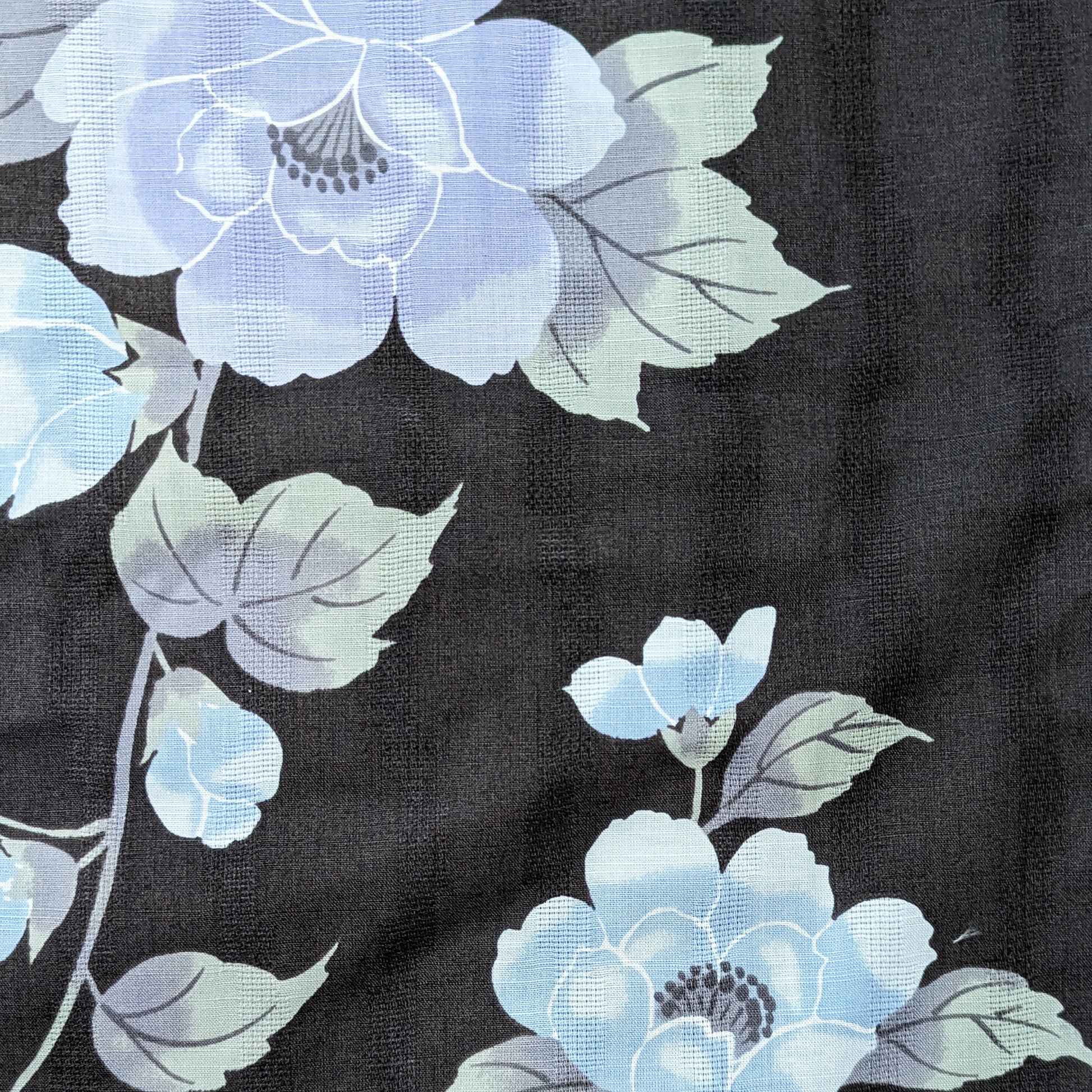 Japanese Yukata Kimono - Purple and Blue Camellias in Charcoal