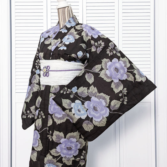 Japanese Yukata Kimono - Purple and Blue Camellias in Charcoal