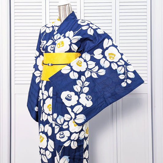 Japanese Traditional Yukata Kimono - White Camellias in Blue