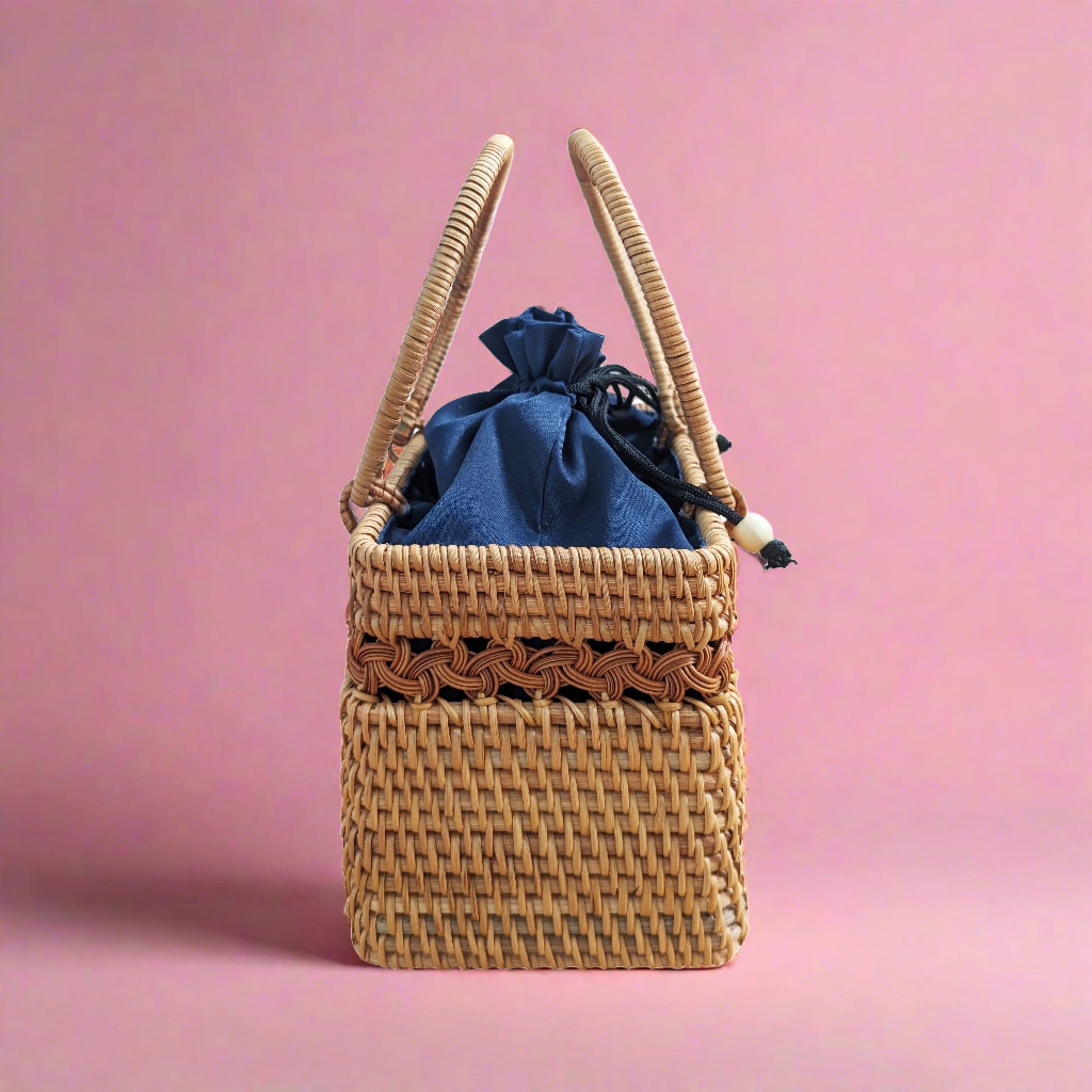 Wicker Basket with Navy Drawstring Bag
