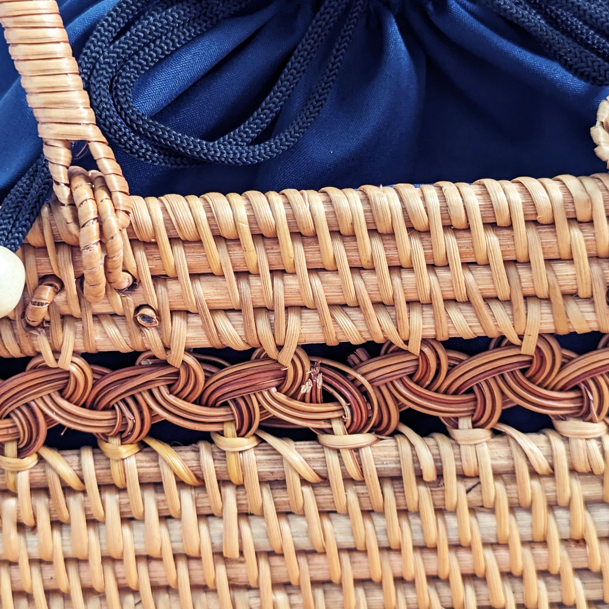 Wicker Basket with Navy Drawstring Bag