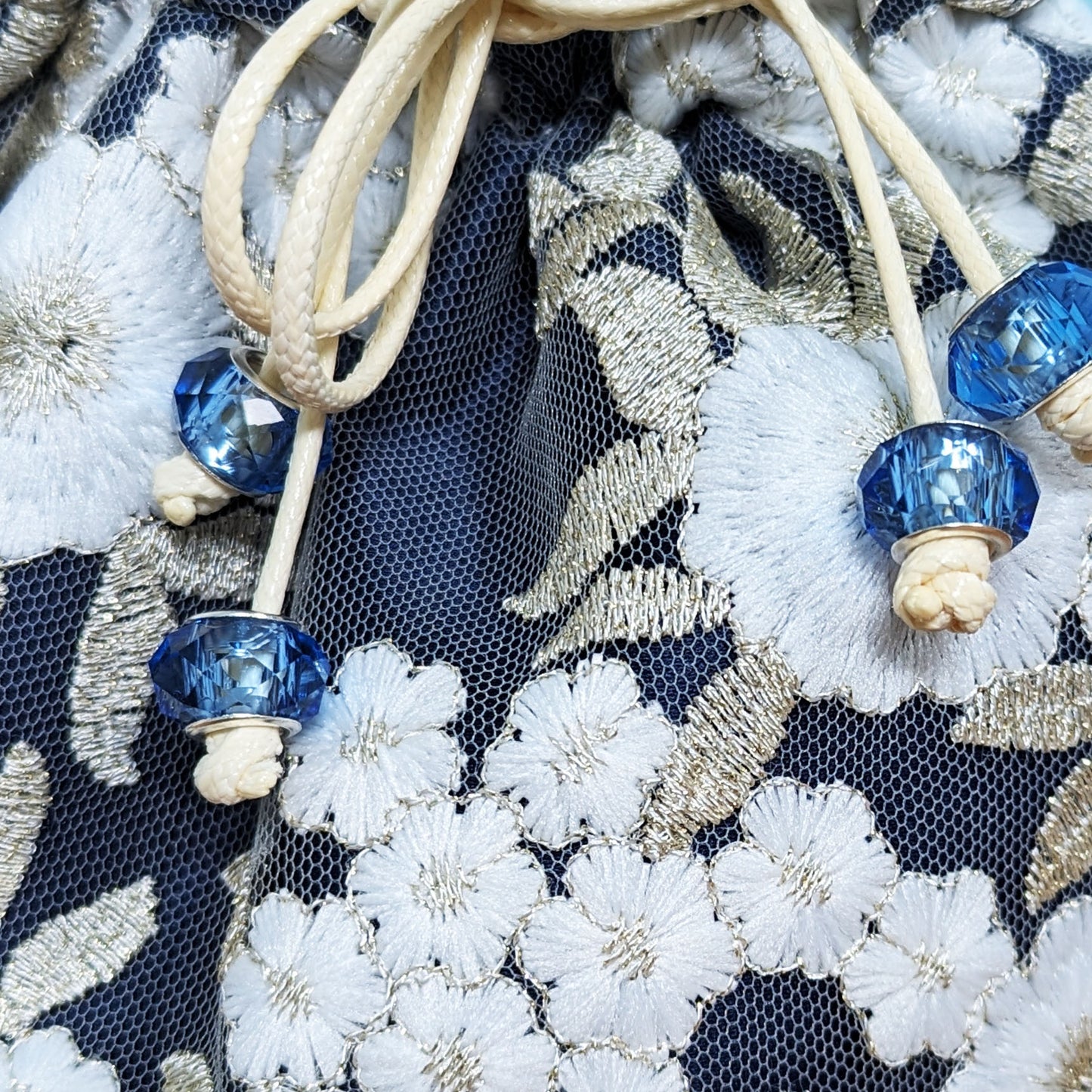 White Floral Embroidery Drawstring Bag - Navy Blue