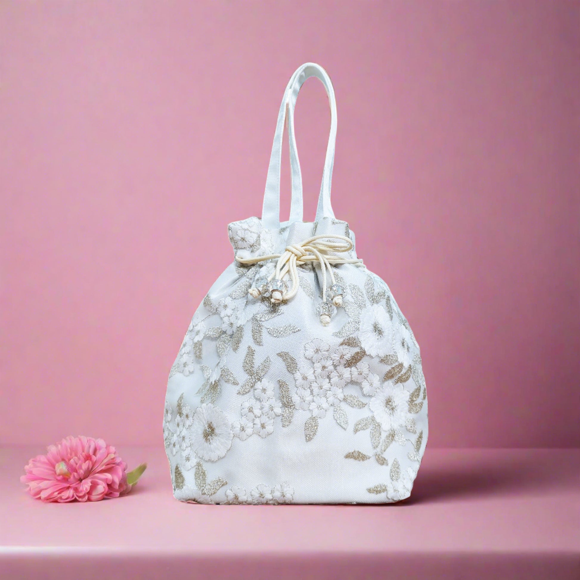White Floral Embroidery Drawstring Bag - White
