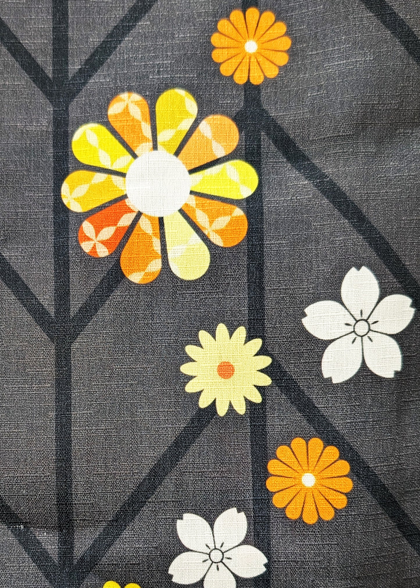 Japanese Yukata Kimono Plus Size - Yellow and Orange Flowers in Patterned Gray