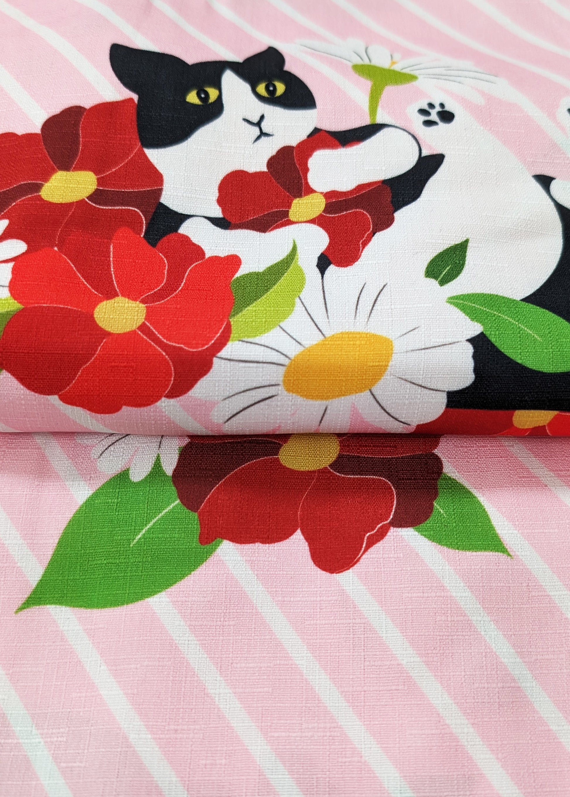 Japanese Yukata Kimono Plus Size - Cats and Flowers in Striped Pink